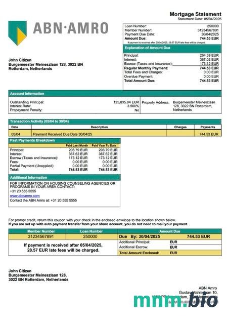 Holandia ABN Amro wyciąg z kredytu hipotecznego szablon Word i PDF